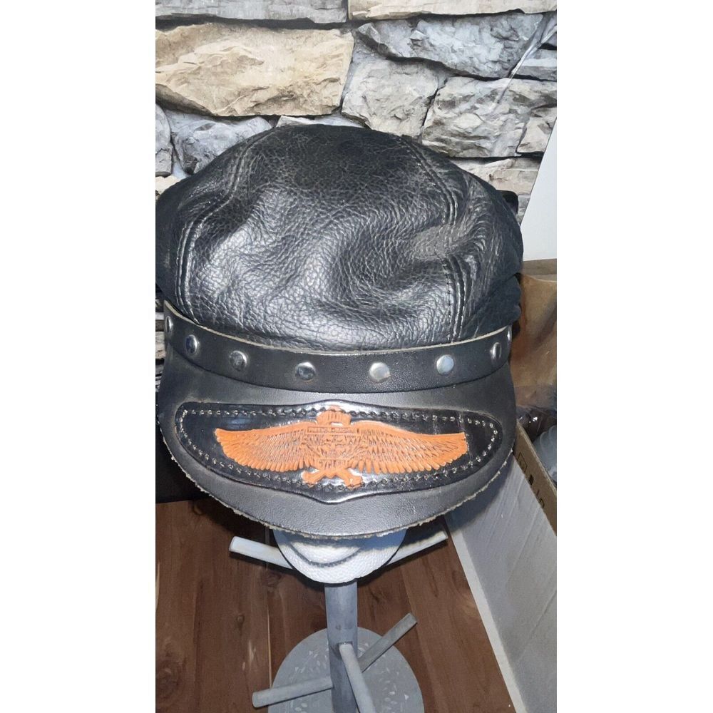 Vintage  Freedom Machine Leather Studded Biker Cap Hat Black Size‎ One Size USA